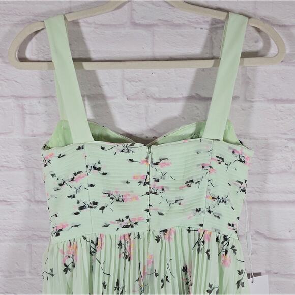 MS Self-Portrait Green Floral Pleat Mini Dress Women Size 2 NWT Sweetheart Cute - Picture 7 of 15